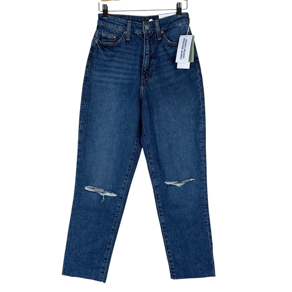 NWT H&M Mom Jeans Womens 2 Medium Wash Distressed Knee Recycled Cotton Loose Fit